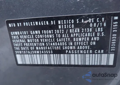 2017 Volkswagen Jetta 1.4T S from USA, damaged, VIN 3VW167AJ3HM243553